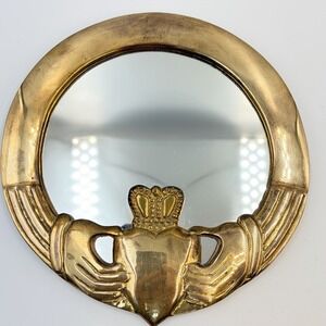 Vintage Solid Brass Claddagh Mirror Irish Heart Crown Friendship Celtic Art